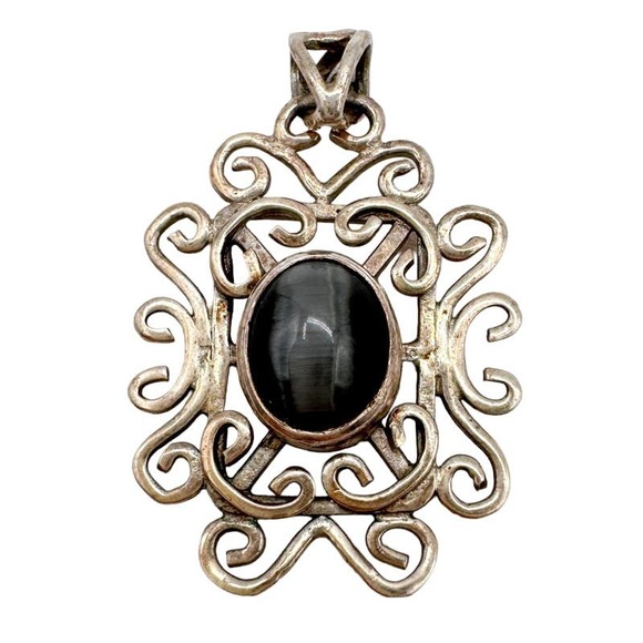 Vintage Sterling Silver 925 Gray Labradorite Filigree Pendant 90s Grunge Celtic - Picture 1 of 12